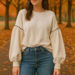 The Great Womens Ivory Bishop Puff Studded Sleeve Cotton Sweatshirt Size 1 Small